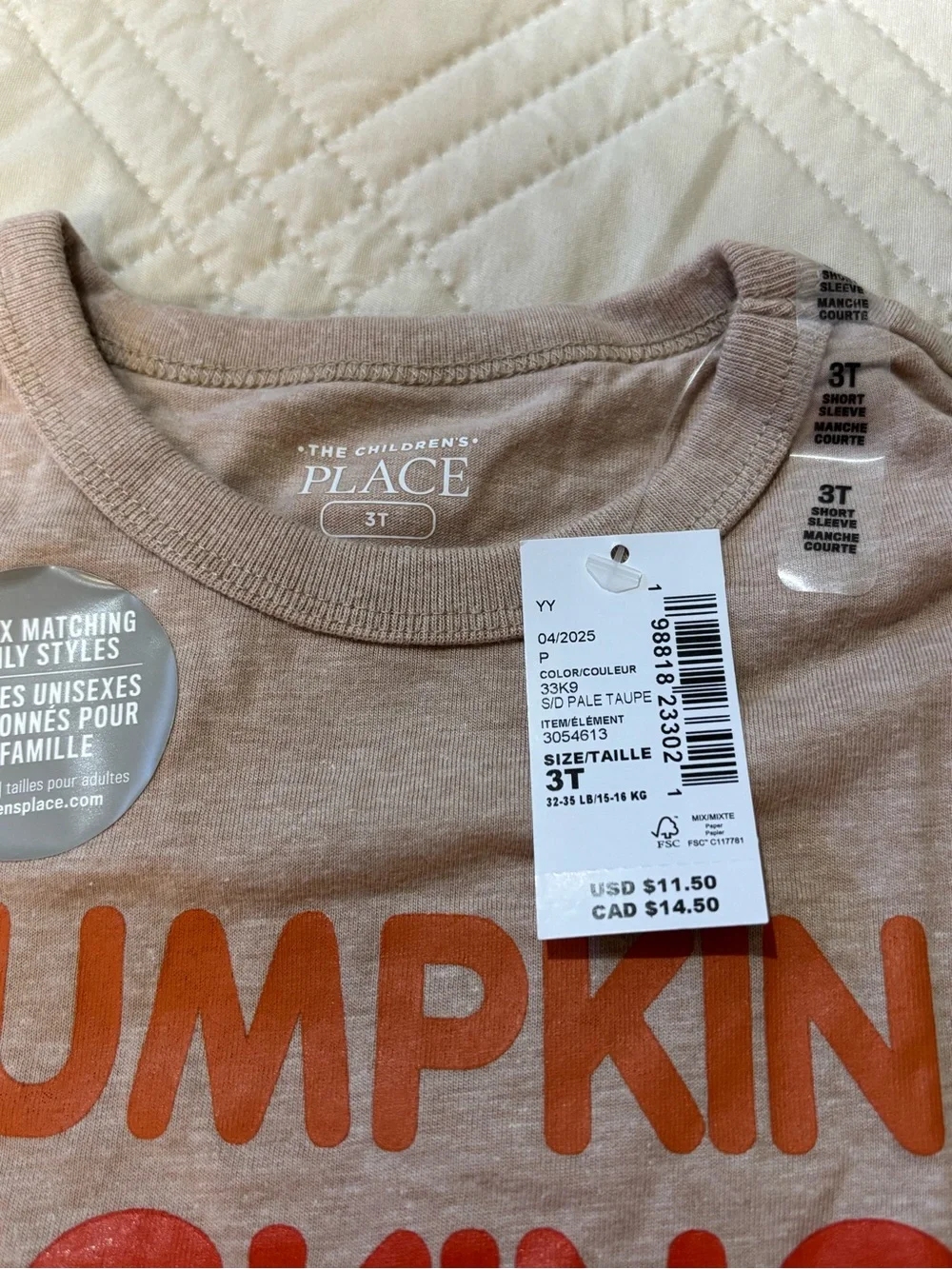 Children's Place 3T Pumpkin Picking Crew Short Sleeve Graphic Tee